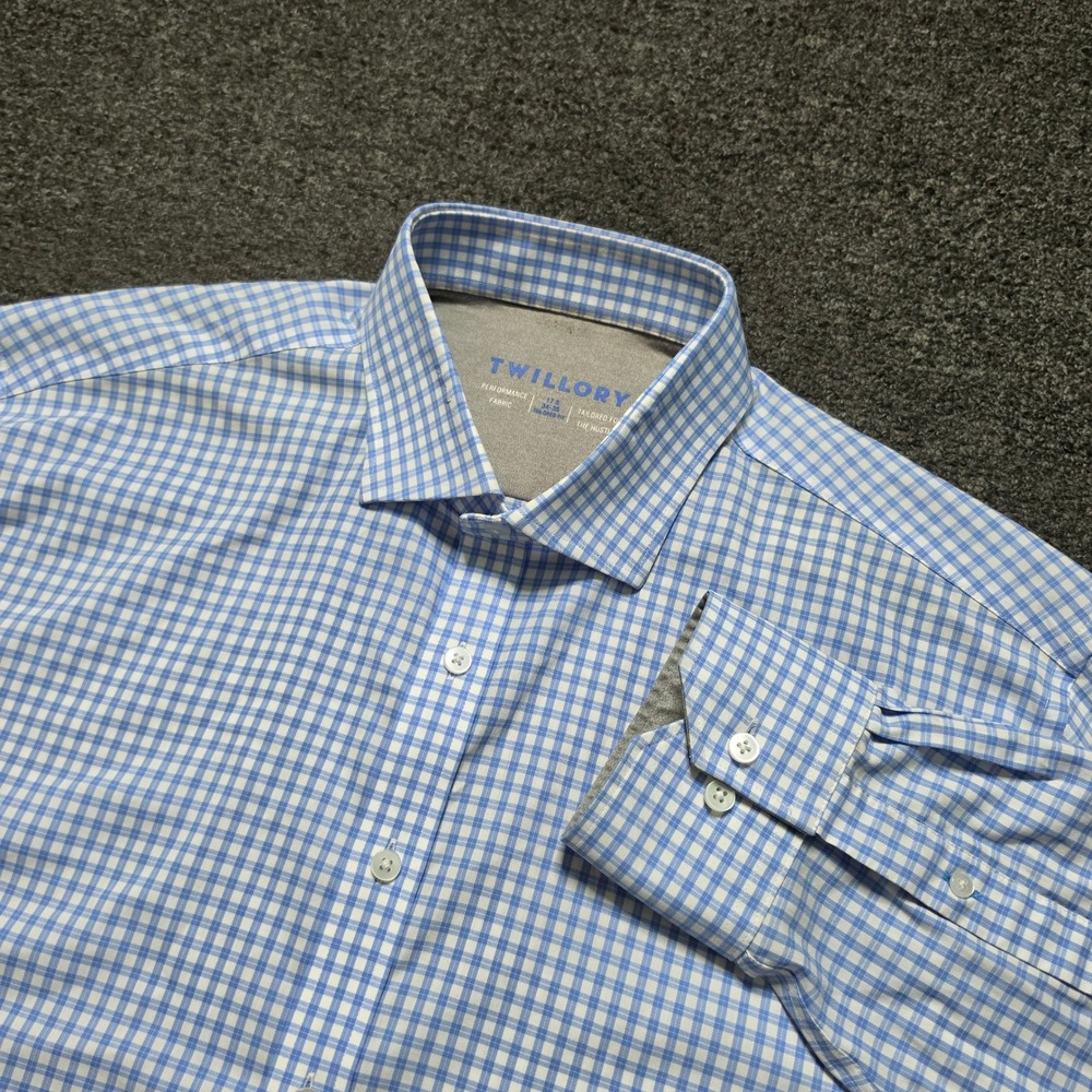 Twillory Button Down Shirt Blue Gingham Mens 17.5 34-35 Tailored Fit Performance
